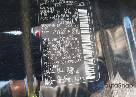 2025 Nissan Rogue Sv Fwd from USA, damaged, VIN JN8BT3BA1SW006482